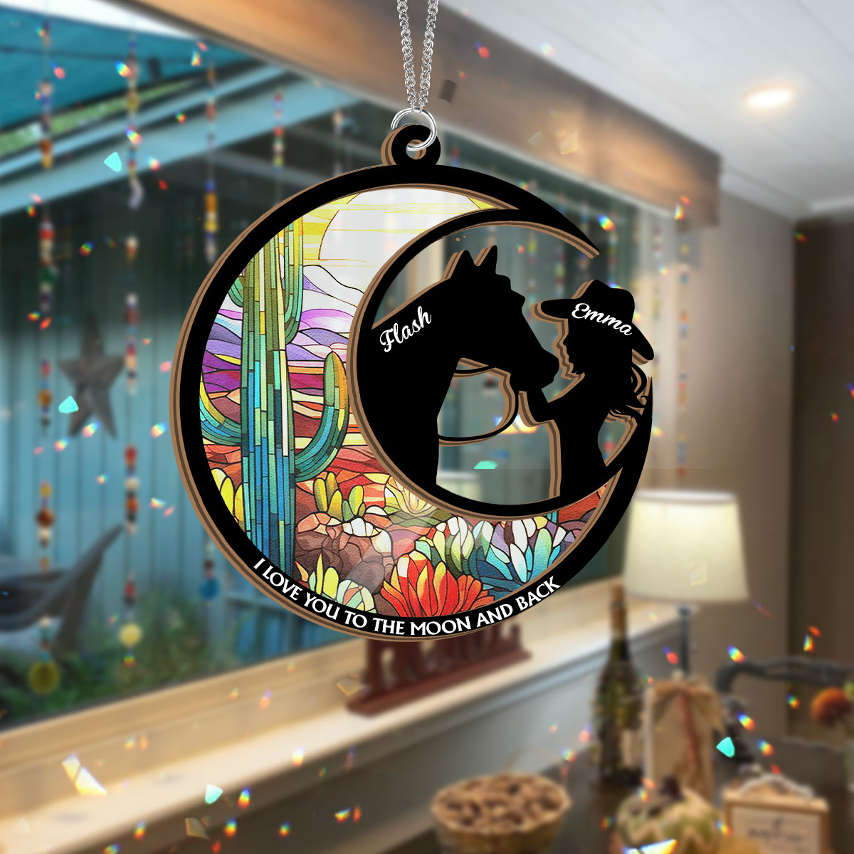 I Love You To The Moon Horse Girl Stained Glass - Personalized Horse 2 Layered Window Hanging Suncatcher