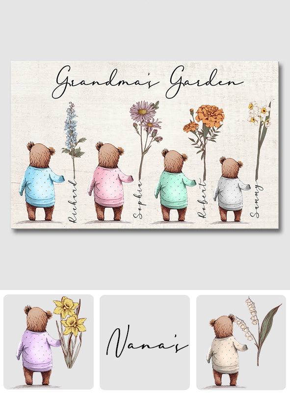 Grandma's Garden Baby Bears Birth Flowers - Personalized Grandma Canvas And Poster