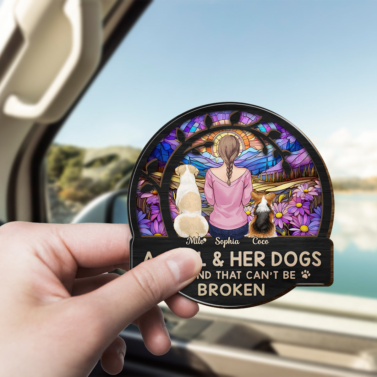 A Girl With Her Dog - Personalized Dog Shaped Car Visor Clip