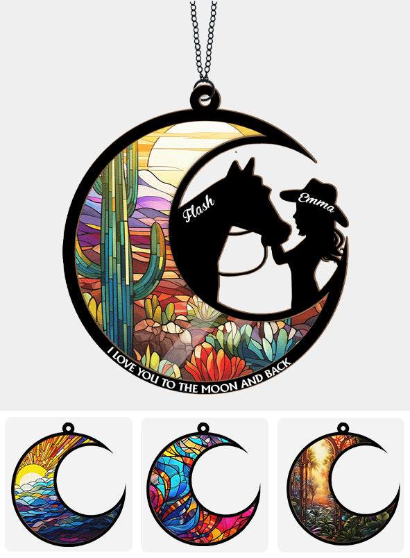 I Love You To The Moon Horse Girl Stained Glass - Personalized Horse 2 Layered Window Hanging Suncatcher