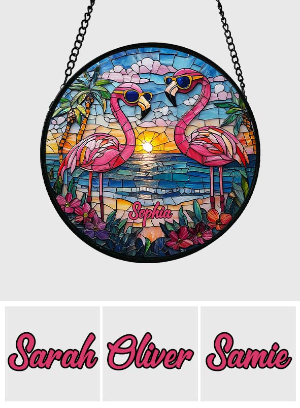 Magnifiques flamants roses - Attrape-soleil personnalisé en vitrail flamant rose