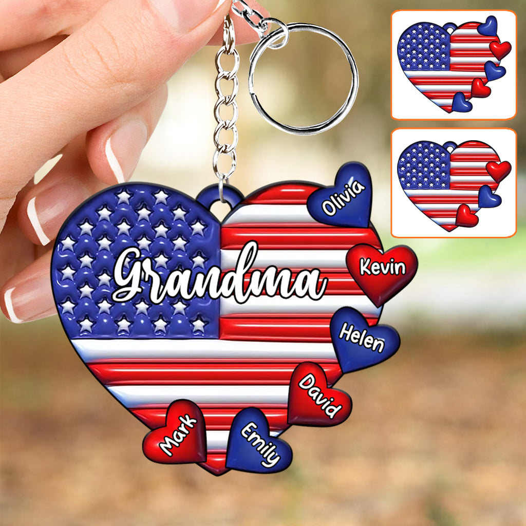 Grandma & Grandkids Puff Heart Flag - Personalized Grandma Keychain