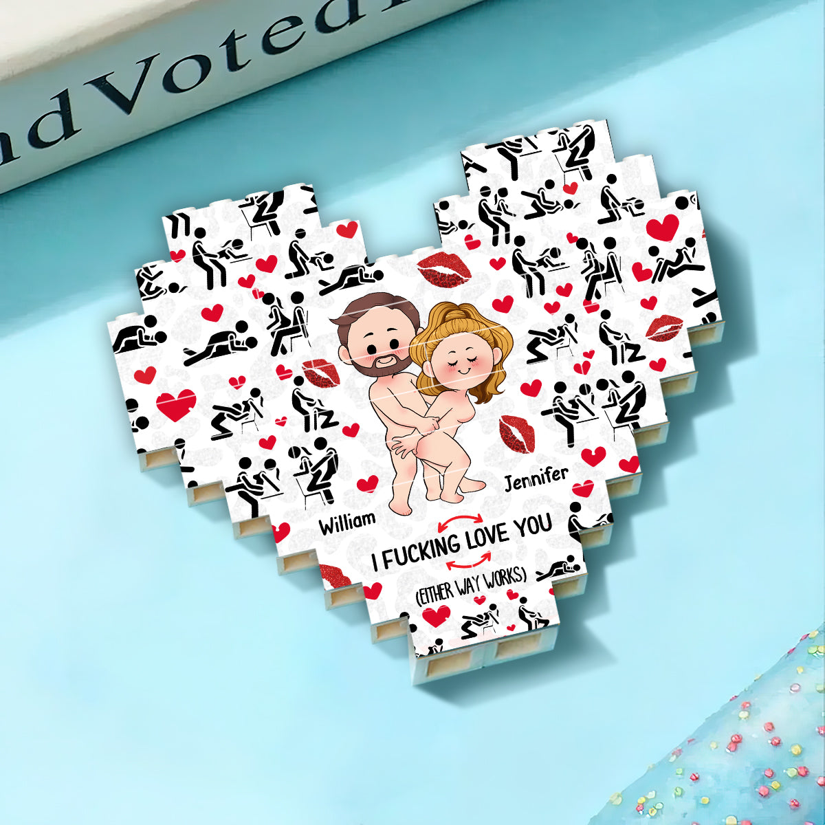 I love you - Personalized Couple Heart Building Brick Blocks Printed On Both Sides