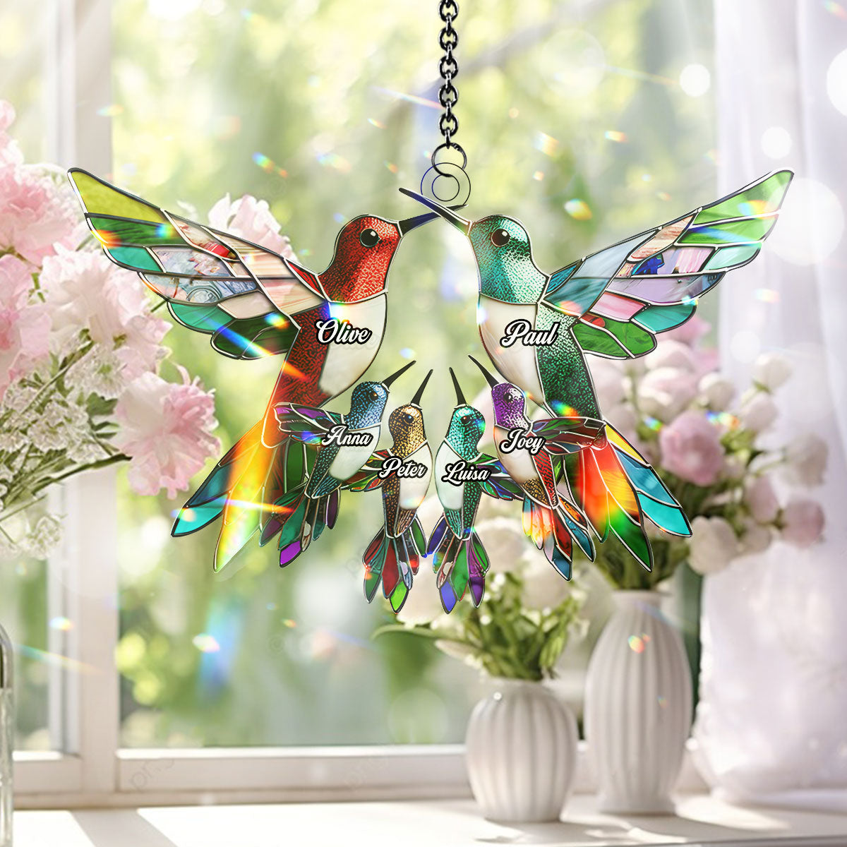 Family Members Hummingbirds - Personalized Family Window Hanging Suncatcher Ornament