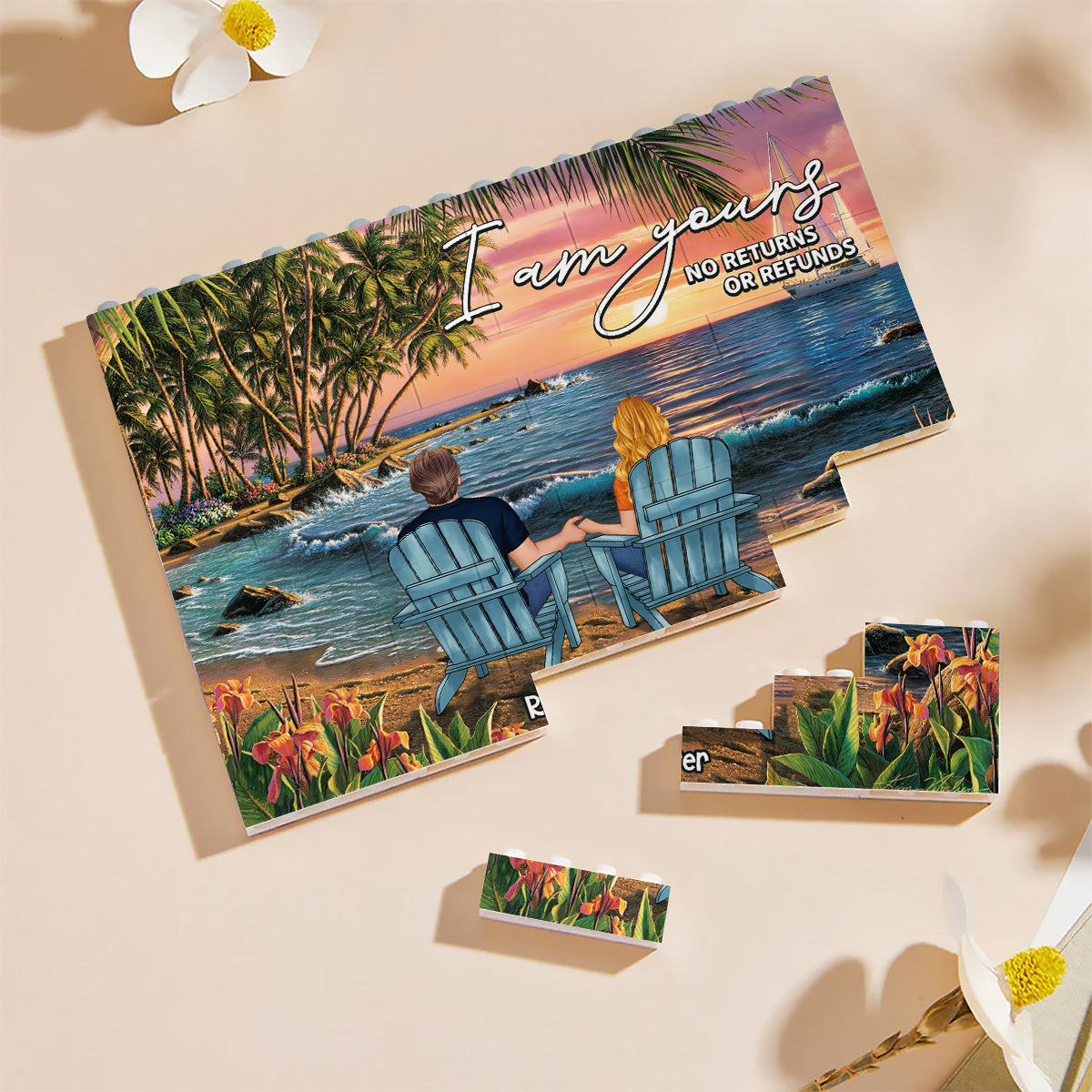 Couple Beach Tropical Landscape - Personalized Couple One-sided Horizontal Rectangle Building Brick Blocks