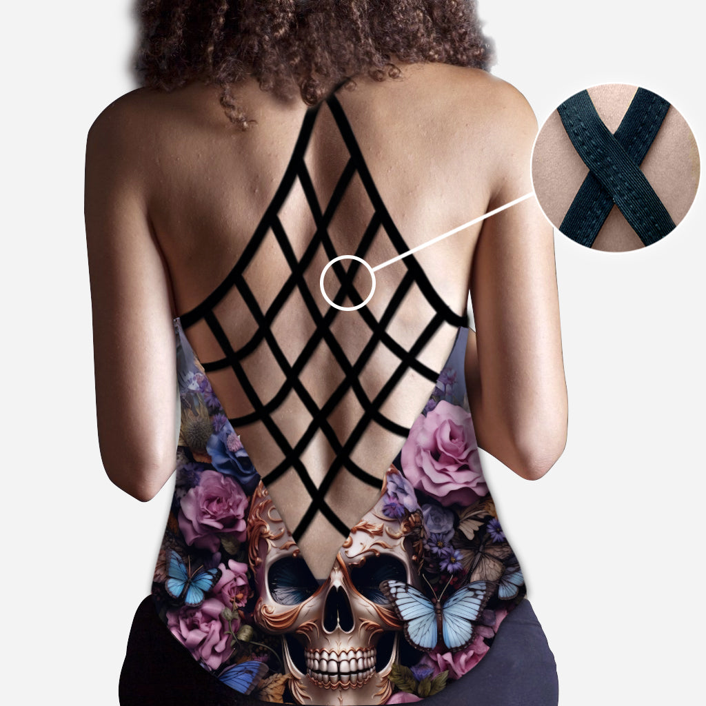 Beauty Of The Dark Skull Roses Butterflies - Personalized Skull Cross Tank Top