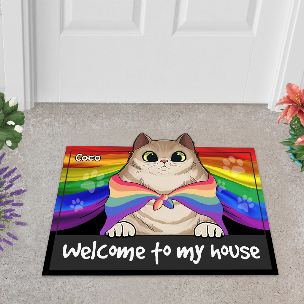 Pride Cat Welcome To My House - Personalized Cat Shaped Doormat