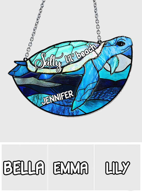 Salty Lil' Beach Blue Ocean Summer Vibes - Personalized Turtle Window Hanging Suncatcher Ornament