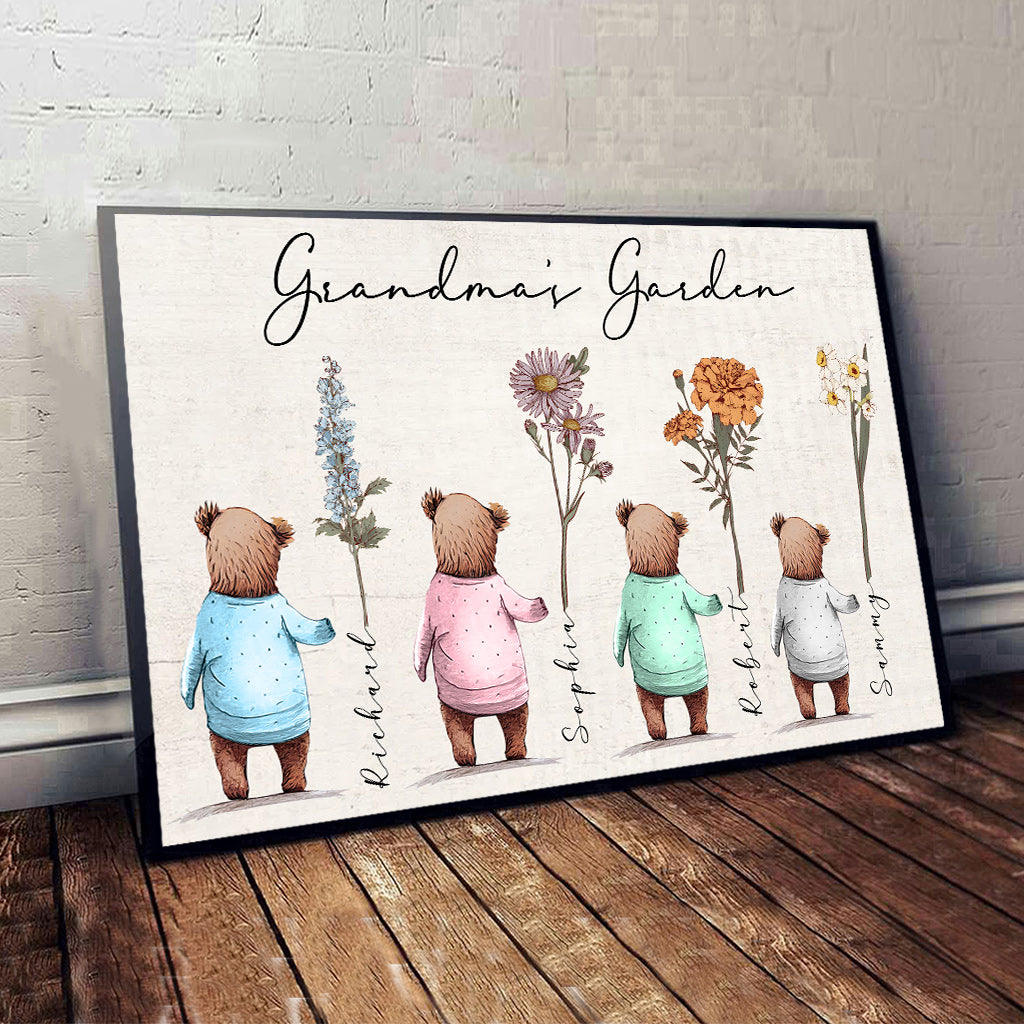 Grandma's Garden Baby Bears Birth Flowers - Personalized Grandma Canvas And Poster