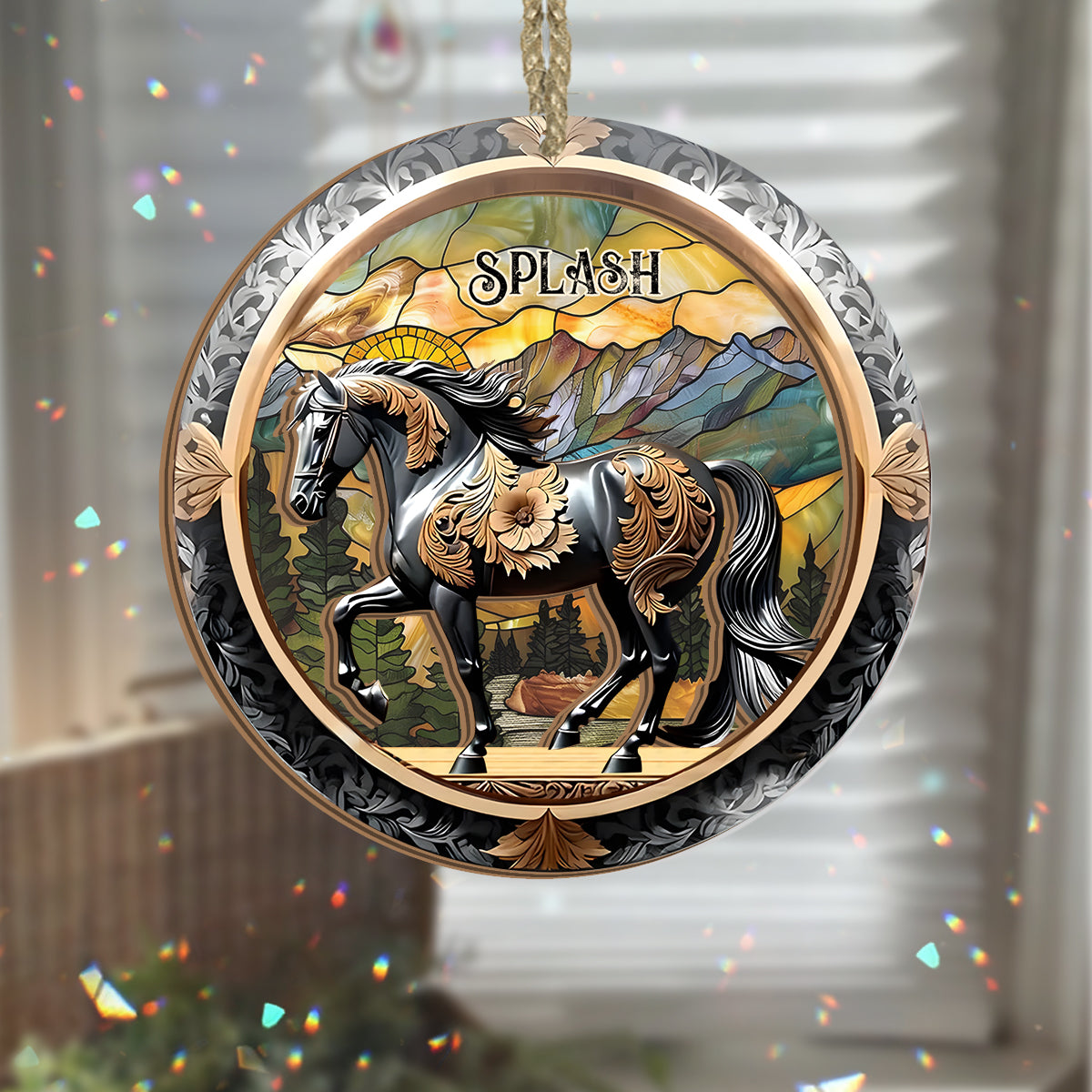Black Horse In Mountain Sunset - Personalized Horse 2 Layered Window Hanging Suncatcher