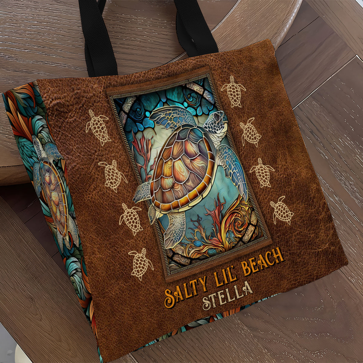 Salty Lil Beach - Personalized Turtle All-Over Print Canvas Tote Bag