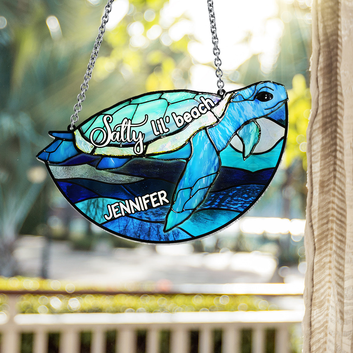 Salty Lil' Beach Blue Ocean Summer Vibes - Personalized Turtle Window Hanging Suncatcher Ornament