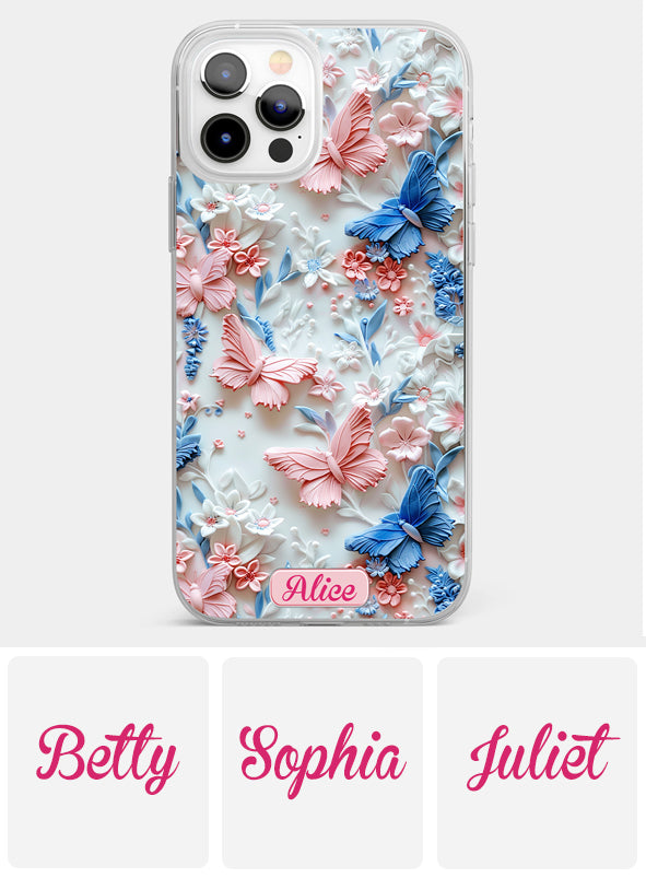 Rosa und blaue Schmetterlinge – Personalisierte transparente Schmetterlings-Handyhülle