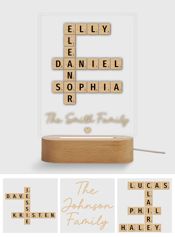 Plaque lumineuse personnalisée en forme de famille avec mots croisés - Socle lumineux