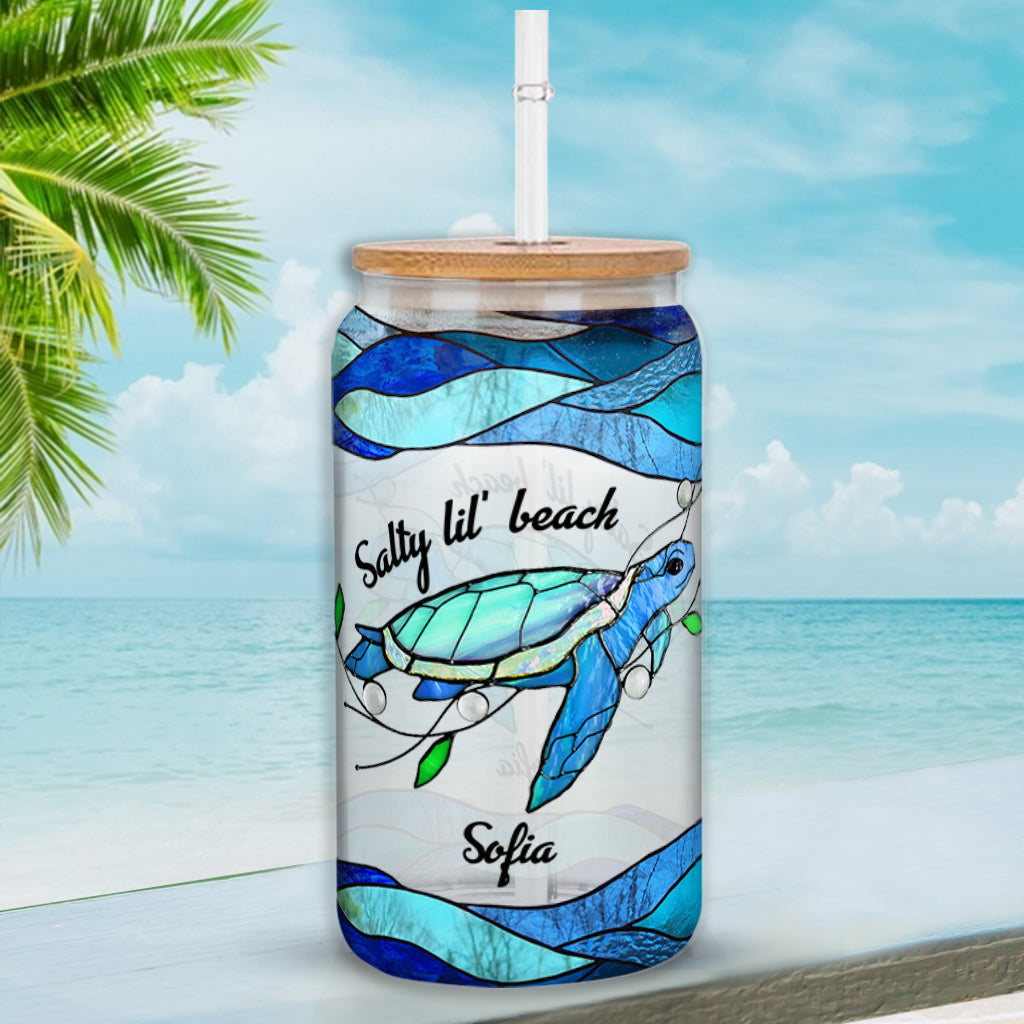 Salty Lil' Beach Blue Ocean Summer Vibes - Personalized Turtle Can Glass