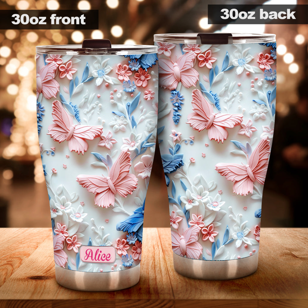 Pink And Blue Butterflies - Personalized Butterfly Tumbler