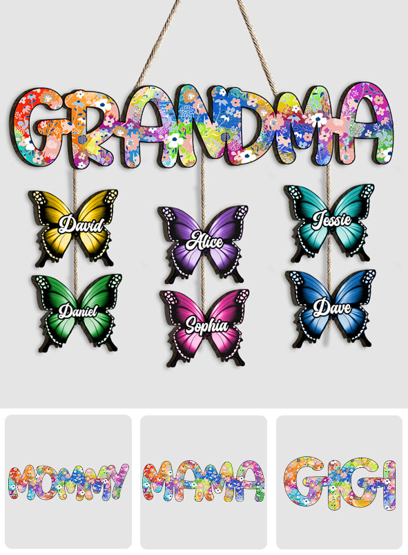 „Oma und Kinder Schmetterling“ – Individuell gestalteter Titel – Personalisiertes Oma-Schild aus Palettenholz