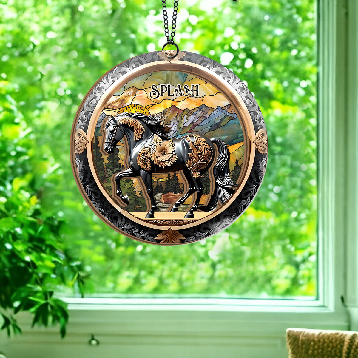 Black Horse In Mountain Sunset - Personalized Horse 2 Layered Window Hanging Suncatcher