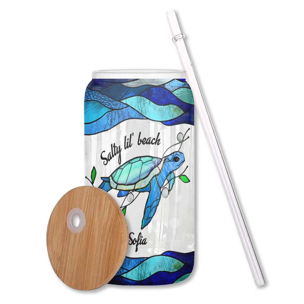 Salty Lil' Beach Blue Ocean Summer Vibes - Personalized Turtle Can Glass