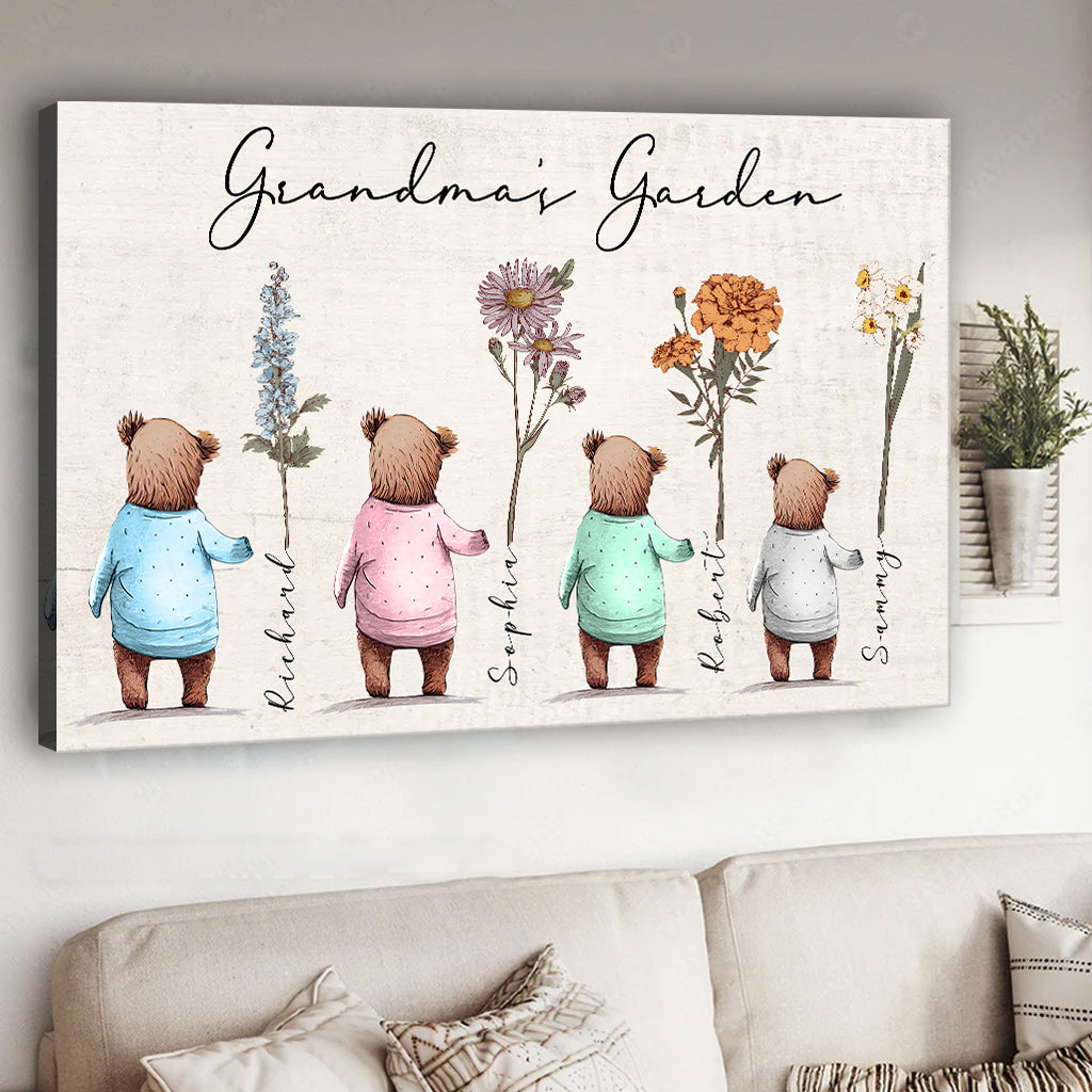 Grandma's Garden Baby Bears Birth Flowers - Personalized Grandma Canvas And Poster
