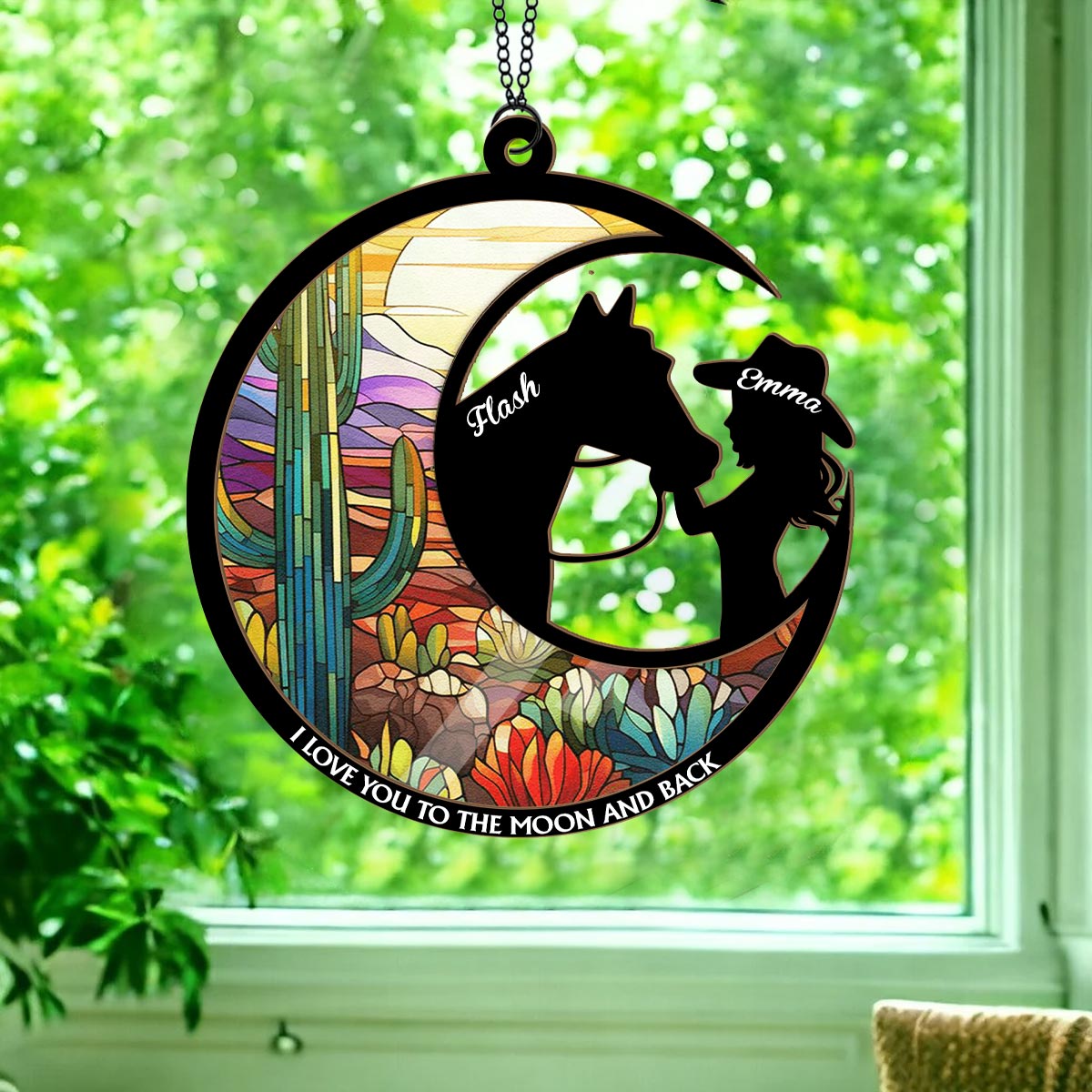 I Love You To The Moon Horse Girl Stained Glass - Personalized Horse 2 Layered Window Hanging Suncatcher