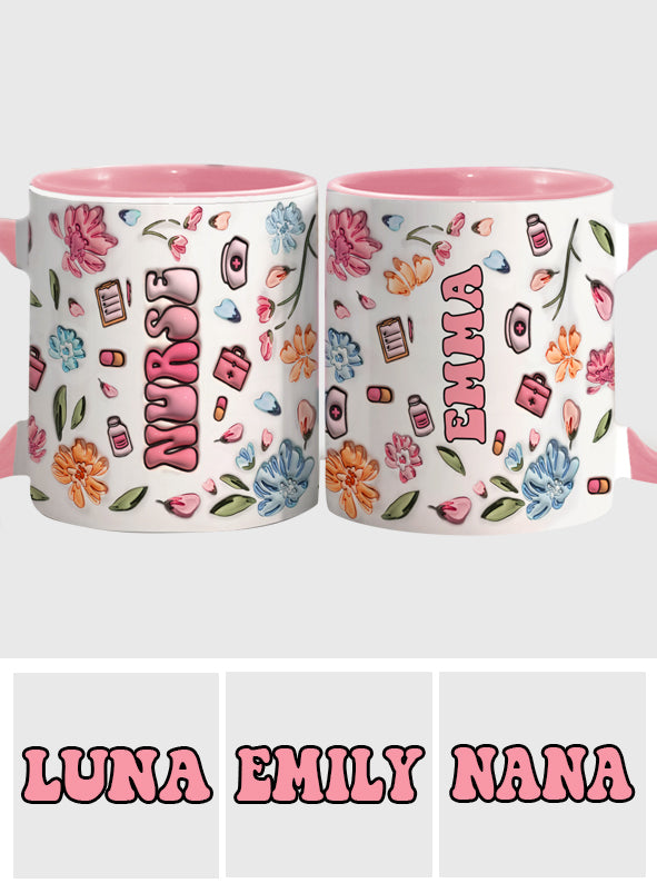 Aufblasbarer, personalisierter Becher mit Krankenschwester-Motiv in Rosa-Pastell mit Blumenmuster