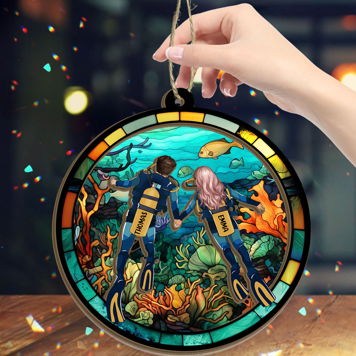 You & Me And The Sea - Personalized Scuba Diving 2 Layered Window Hanging Suncatcher