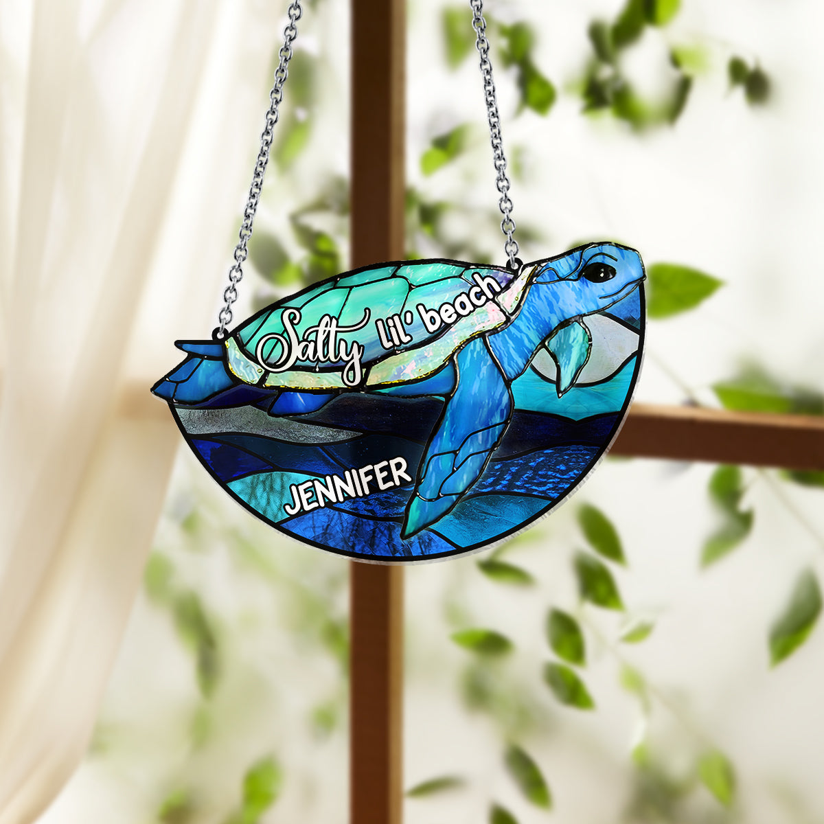 Salty Lil' Beach Blue Ocean Summer Vibes - Personalized Turtle Window Hanging Suncatcher Ornament