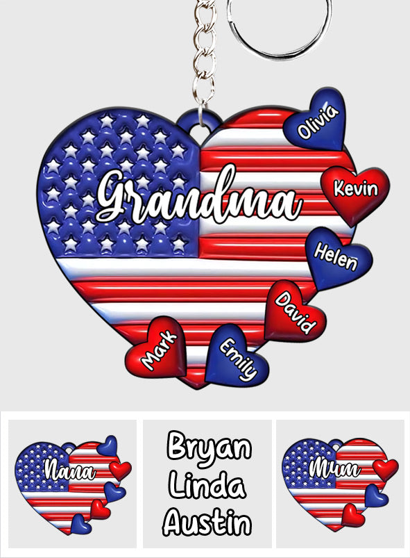 Grandma & Grandkids Puff Heart Flag - Personalized Grandma Keychain