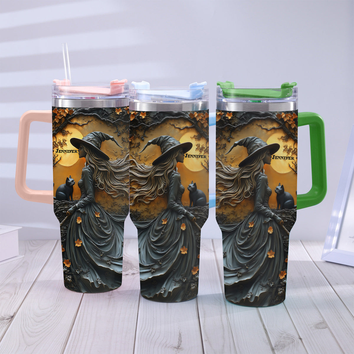 Beautiful Witch & Her Black Cat - Personalized Witch Tumbler With Handle