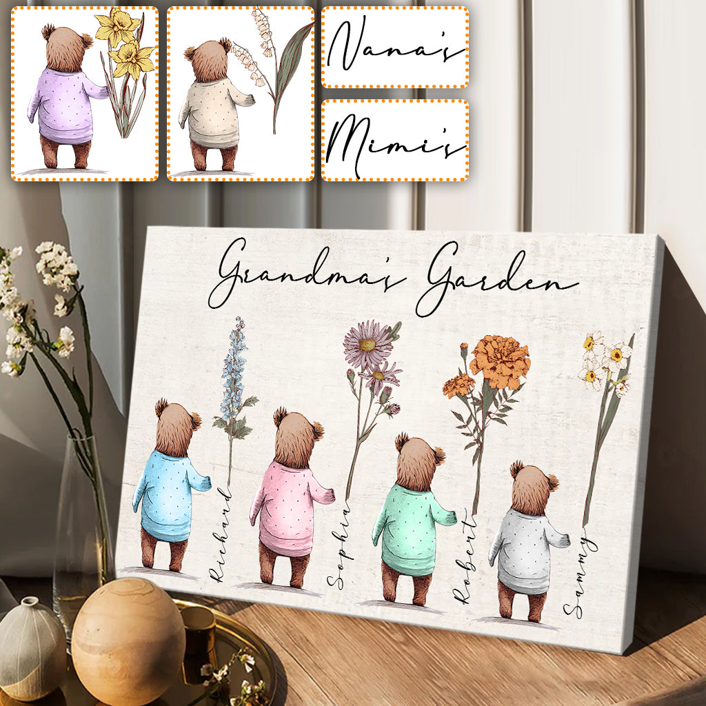 Grandma's Garden Baby Bears Birth Flowers - Personalized Grandma Canvas And Poster