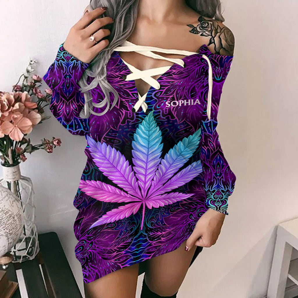 A Little High - Personalized Weed Off Shoulder Long Sleeve Dress