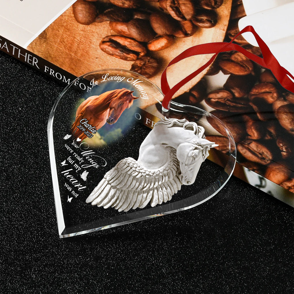 In Loving Memory Horse With Wings - Personalized Horse Heart Shaped Glass Ornament
