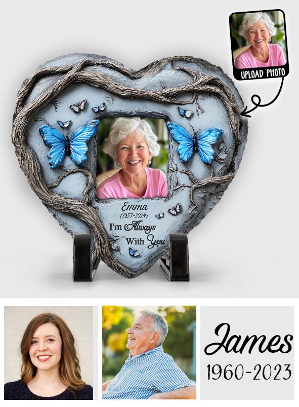 In Loving Memory Blue Butterfly - Personalized Memorial Heart Shaped Stone