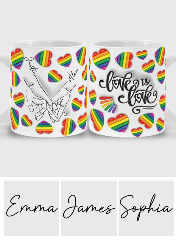 Mug personnalisé « Love Is Love » avec dessin au trait de mains – Soutien à la communauté LGBT