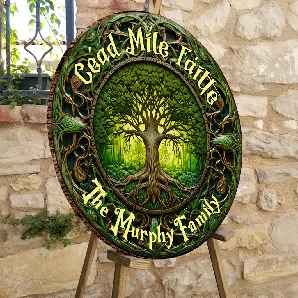 Cead Mile Failte Tree Of Life Rustic Style - Personalized Irish Round Wood Sign