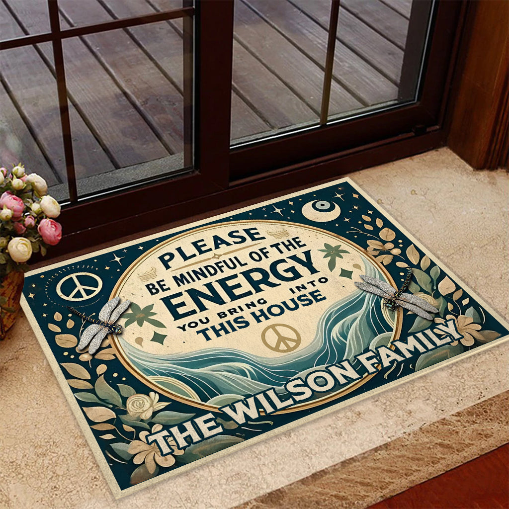 Please Be Mindful Of The Energy - Personalized Hippie Doormat