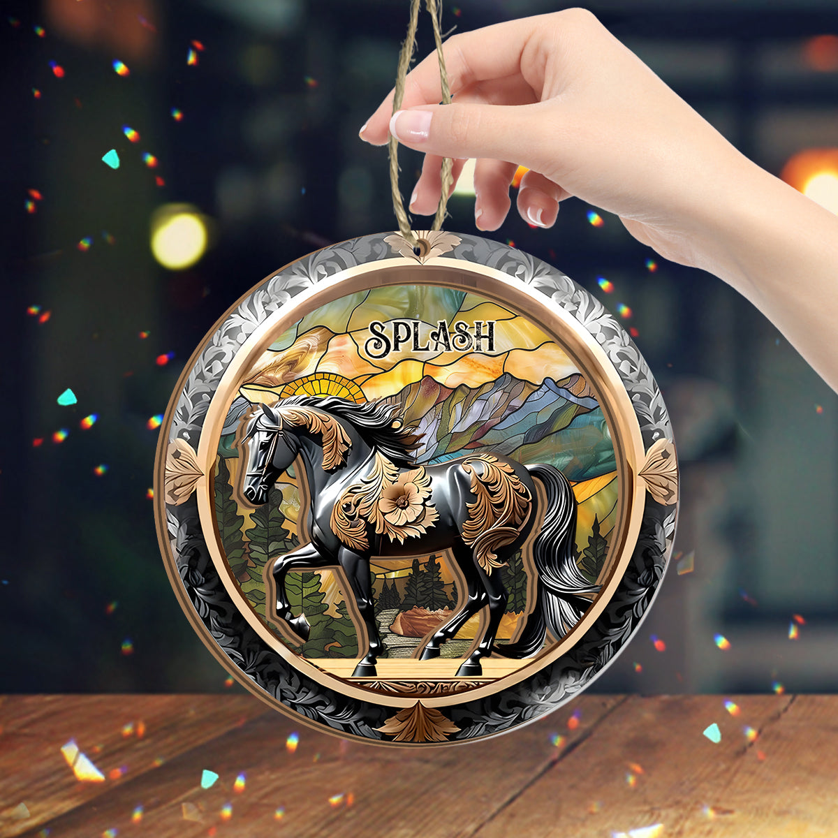 Black Horse In Mountain Sunset - Personalized Horse 2 Layered Window Hanging Suncatcher