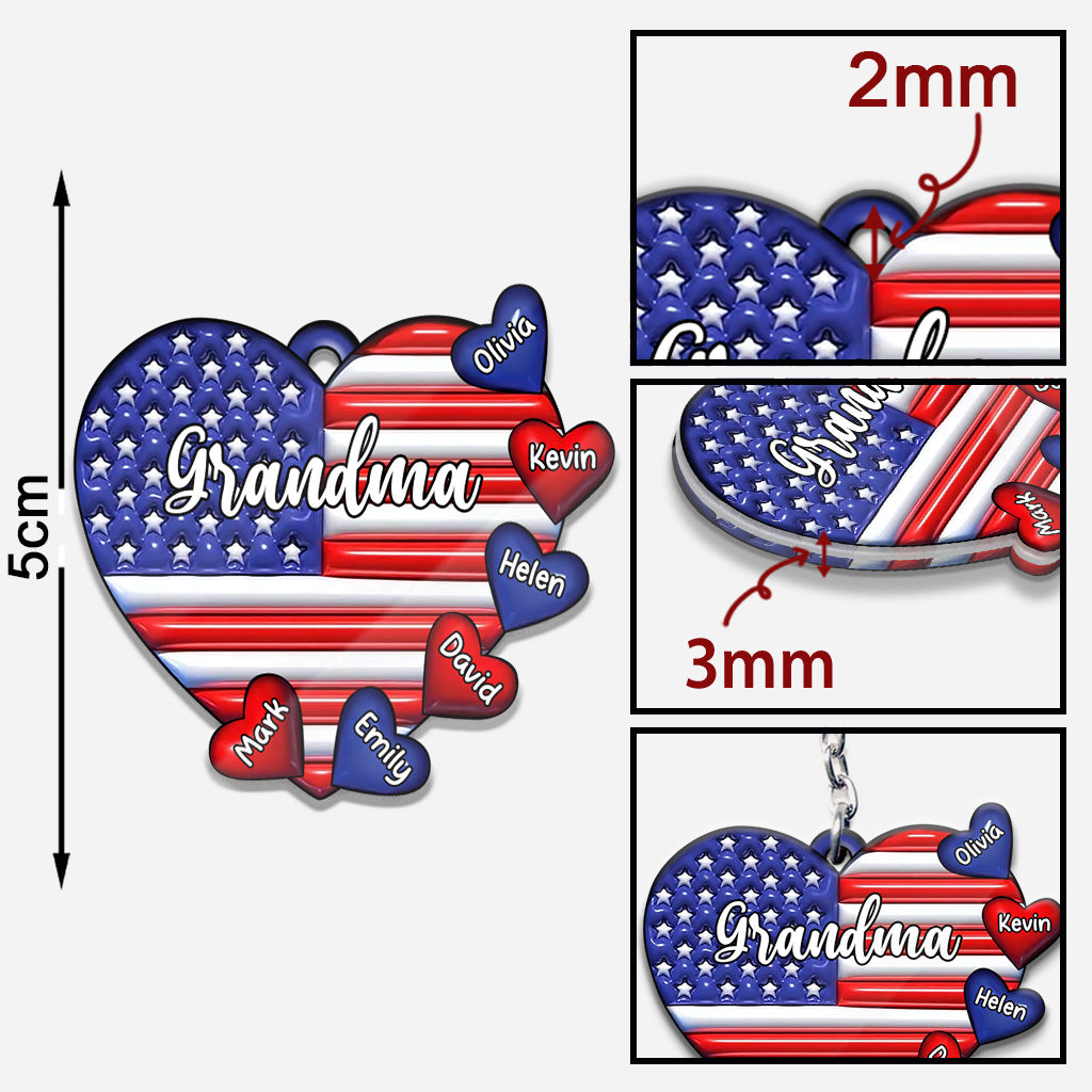 Grandma & Grandkids Puff Heart Flag - Personalized Grandma Keychain
