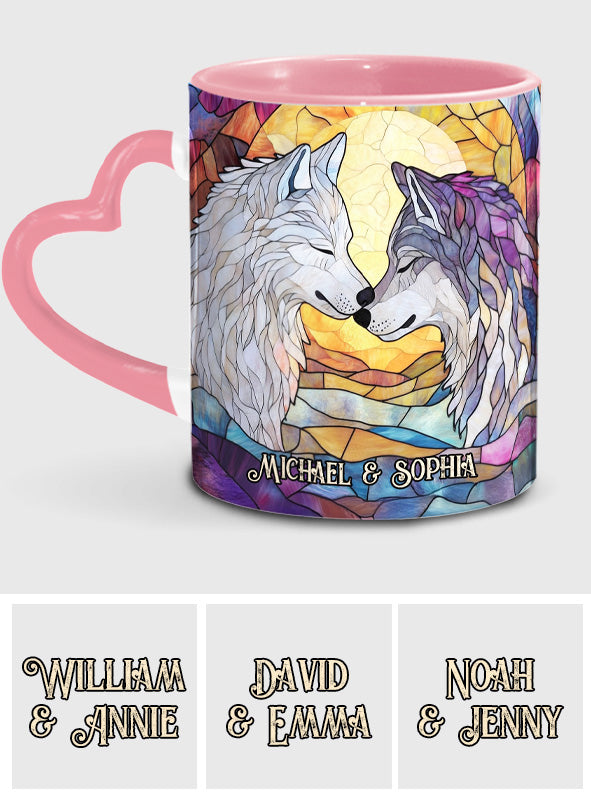 Wolf He Keeps Me Safe She Keeps Me Wild - Personalized Couple Heart Handle Mug