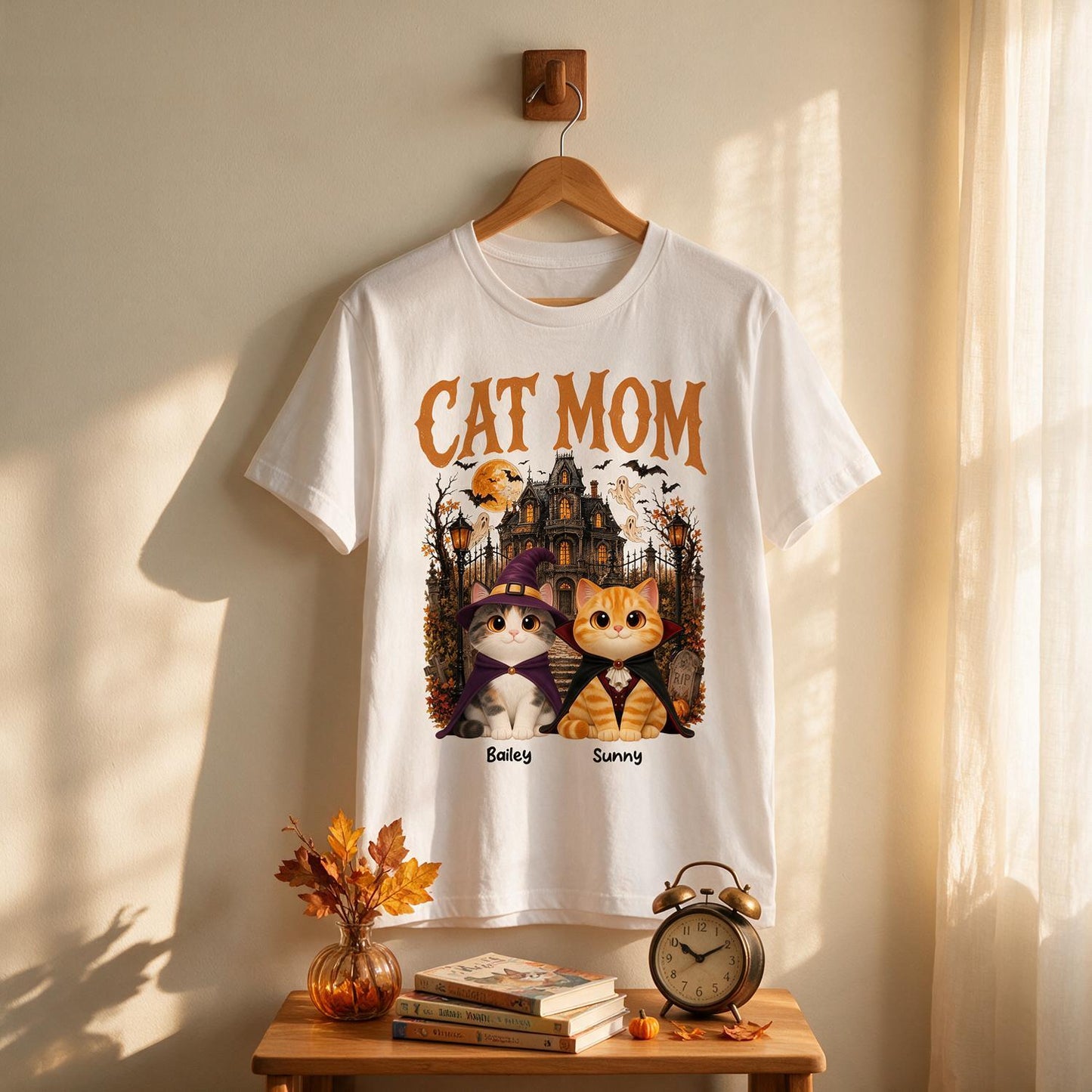 Personalized Cat Mom Halloween Shirt - Retro Haunted House Costume Cats Custom Name Gift For Cat Lovers