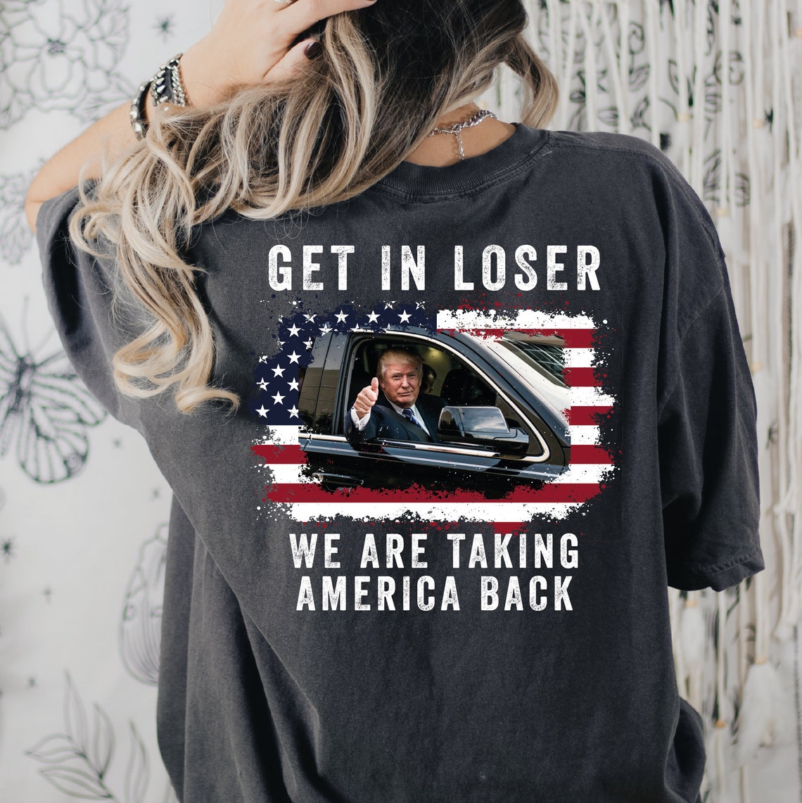 T-shirt « Trump Get In Loser We're Taking America Back », T-shirts Trump, T-shirt « Trump 'Merica », T-shirt et sweat à capuche pour le 4 juillet