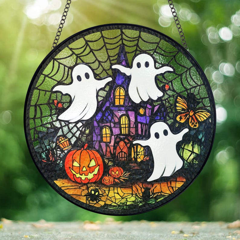 Gruseliger Geister-Sonnenfänger aus Buntglas für Halloween-Dekoration, Halloween-Fensterhänger-Sonnenfänger-Ornament 0924