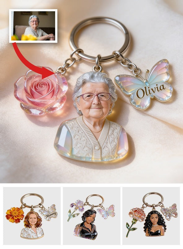 Personalized Grandma Portrait Keychain with Rose Butterfly Charms, Custom Sentimental Gift for Grandmother Keepsake
