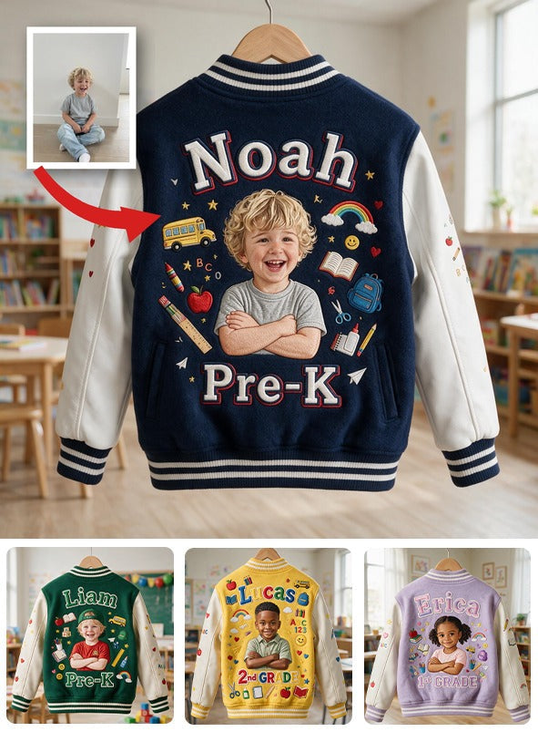 Personalisierte Varsity-Jacke für Jungen zur Einschulung mit Foto und Namen