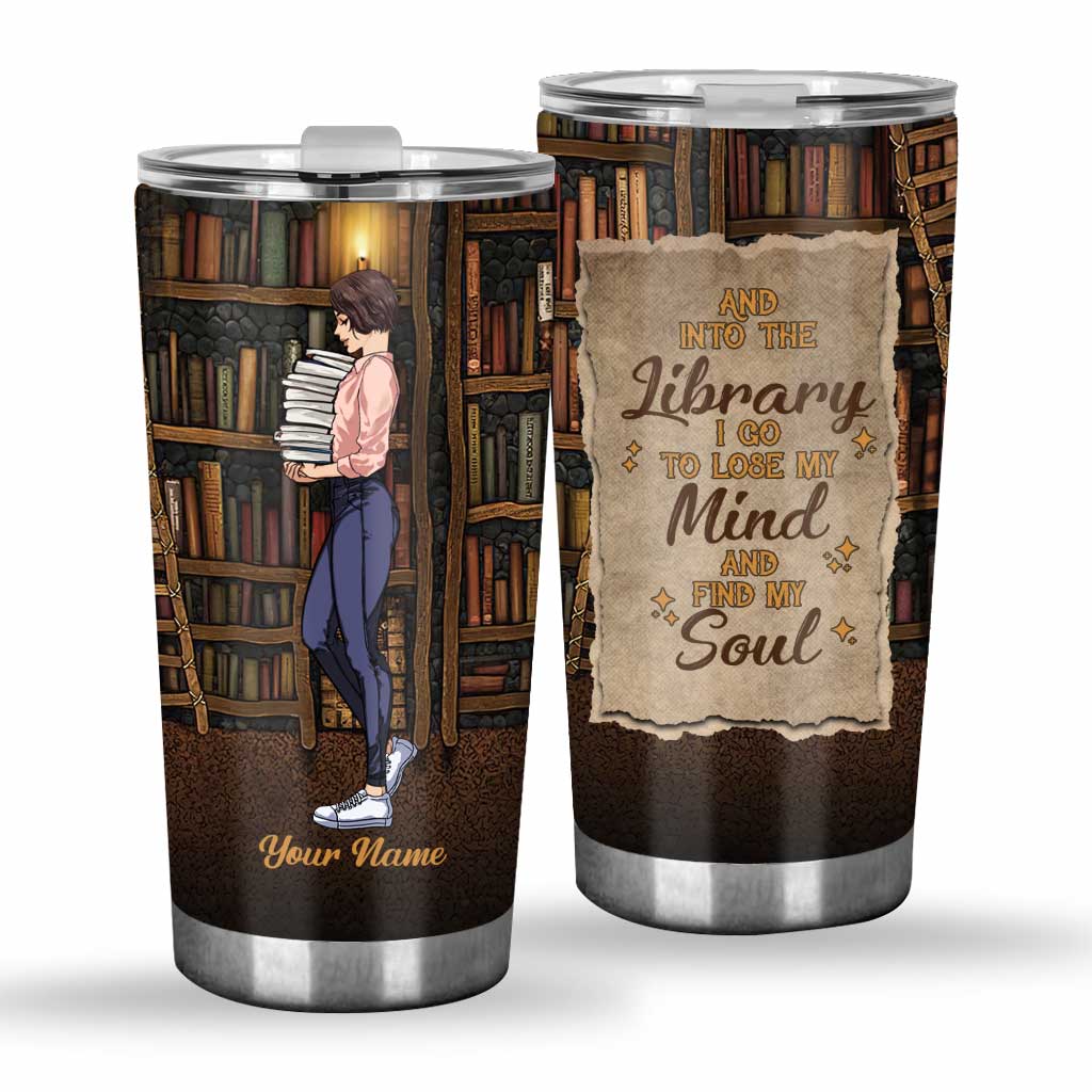 And Into The Library I Go - Personalized Book Tumbler