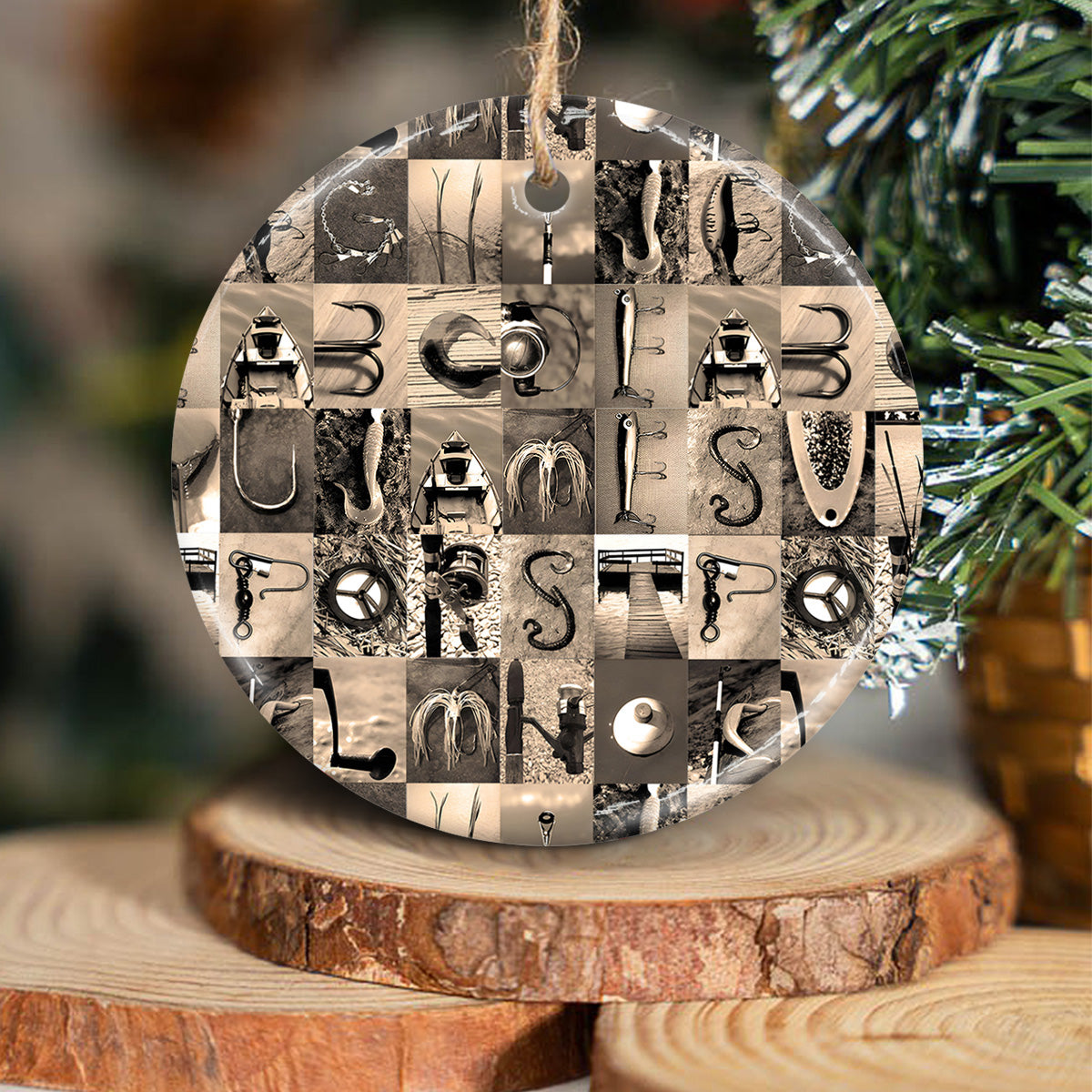 Vintage Fishing Alphabet - Personalized Fishing Ceramic Circle Ornament