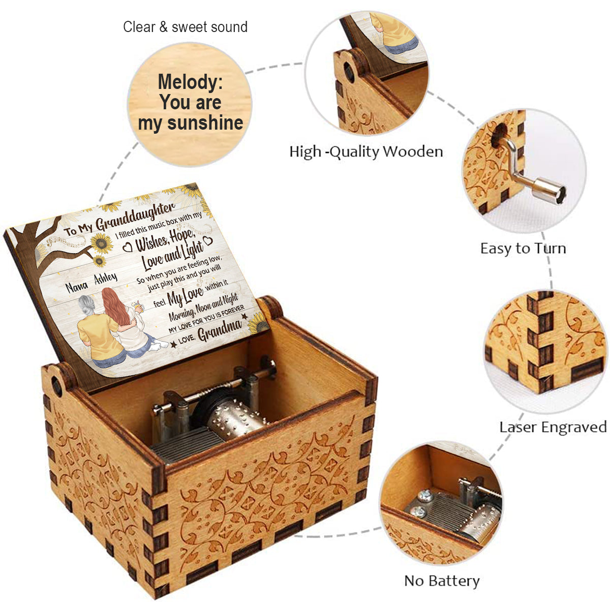 To My Granddaughter - Gift for grandma, mom, daughter, granddaughter - Personalized Hand Crank Music Box