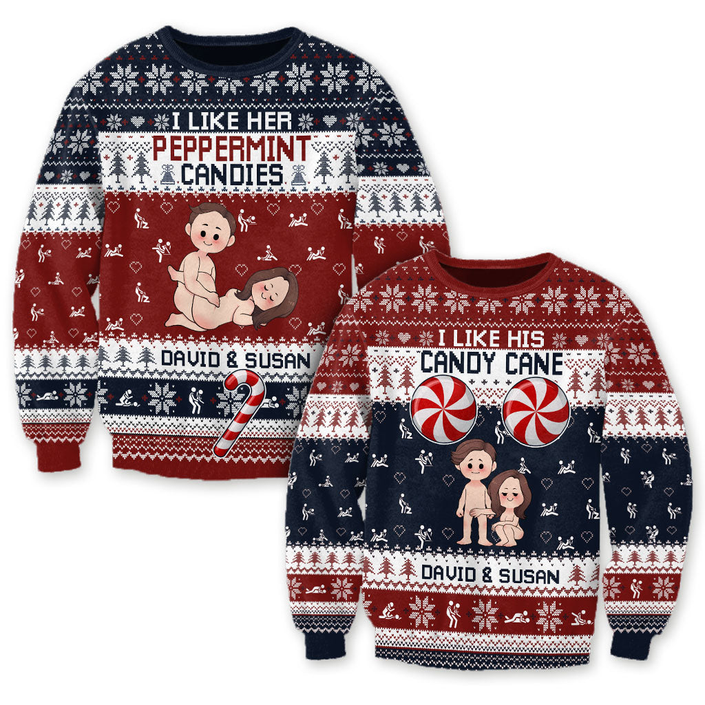 I Like Her Peppermint Candies His Candy Cane - Personalized Couple Ugly Sweater