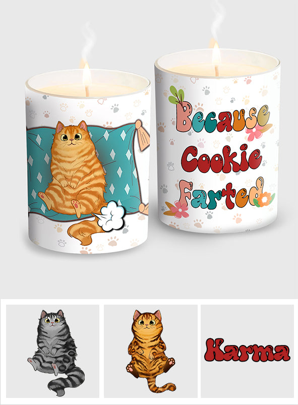 Weil die Katze gefurzt hat – Personalisierte Katzenkerze mit Holzdeckel